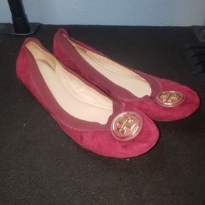 Tory Burch Caroline 2 Cabernet Leather Ballet Flats Gold Logo Women's Size 9M